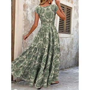 Women's Short-Sleeved Wrap-Around Neckline <b>Elasticated</b> Waist Supreme Maxi <b>Dress</b>, 37496 - patterned - Product Image 4