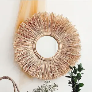 Cermin kamar kecil lamun alami menakjubkan aksesoris ruang sandaran kamar mandi cantik cermin rafia jerami bulat