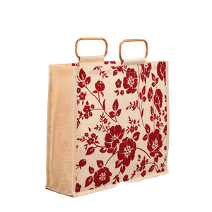 Bolso de mano de yute blanco rojo impreso personalizado bolso de compras con mango de tela reciclable con patrón de flores hecho en La India - Product Image 2