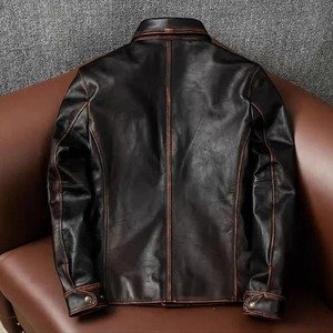 Nouvelle couche supérieure thé noyau cheval cuir répartiteur veste classique rétro hommes en cuir revers bouton vers le bas veste moto veste - Product Image 4