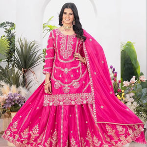 Colección de trajes Sharara de calidad superior, seda chinnon pesada pura con trabajo de codificación de secuencia de bordado pesado para mujer, ropa de fiesta - Product Image 1