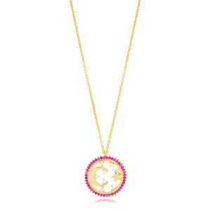 Collier avec pendentif en pierre de rubis et lune, breloque ronde, pierre de Zircon, étoile en argent Sterling 925, bijoux turcs faits à la main - Product Image 5