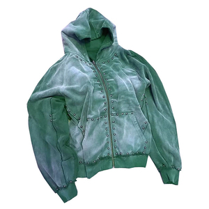 2025 nouveau Logo personnalisé sweat zippé haute qualité coton surdimensionné soleil délavé acide lavage strass pull à capuche - Product Image 1