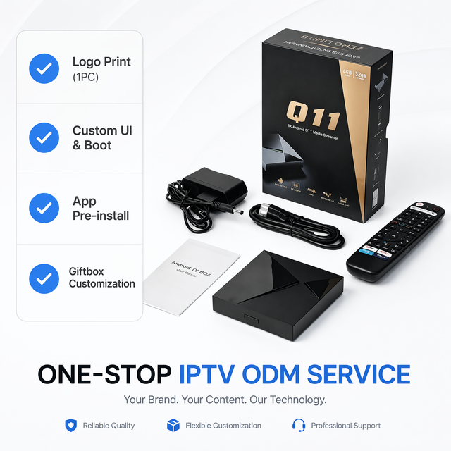 Q11 Android 14.0 Quad Core TV Box Amlogic S905X4 4GB 32GB 4K WiFi 1000M LAN BT Voice Remote Widevine L1 Custom 1pc MOQ CMS Box