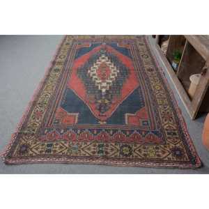 Turkish Vintage <b>Wool</b> Rug 5.1x9.5 ft (156x290 Cm) Patchwork <b>Red</b> Blue Plants & Trees Design with Latex Backing - Product Image 1