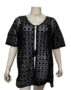 Luxe noir Crochet dentelle robe abstraite gland décolleté devant ouvert Kimono Style femmes maillots de bain/vêtements de plage imprimé Animal - Product Image 1