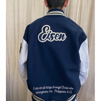 Großhandel Navy & White Wolle Leder Varsity Letterman Jacke College & University Maßge schneiderte Logos Chenille Stick jacke