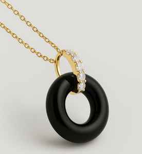 Unisex 14K จี้ทองคำแข็งสีเหลืองทองออกแบบอย่างสวยงามสีดำนิลรูปโดนัทเพชรโรเดียมชุบการตั้งค่าการจัดงานแต่งงาน - Product Image 2