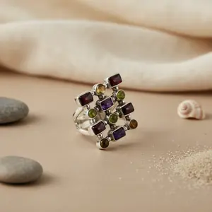 Anillo de Moda Ajustable con Diamantes de Corte Ovalado y Múltiples Piedras Preciosas para Mujer - Chapado en Oro y Rodio - Product Image 2