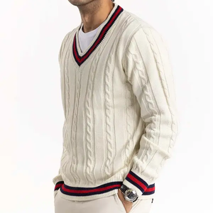 Breathable Cricket <b>Cable</b> <b>Knit</b> Striped V-Neck <b>Sweater</b> Custom Logo Printed Men's Winter Knitwear ODM Supply - Product Image 6