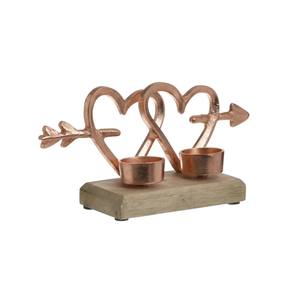 Elegante Portavelas Decorativo con Doble Corazón y Base de Madera, Acabado en Cobre, Corazones Metálicos, Portavelas para Velas de Té, Decoración Romántica para el Hogar - Product Image 1