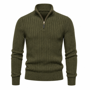 Pull en tricot côtelé pour homme avec fermeture à zip 1/4, couleur unie, vêtement d'automne - Product Image 4