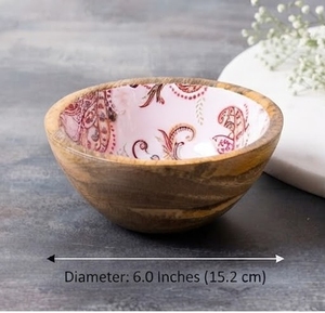 Bol en bois avec motif floral rouge, diamètre 6 pouces, lavage à la main uniquement, ustensiles - Product Image 1