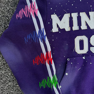 Sudadera con capucha con bordado desgastado con apliques personalizados, sudadera con cremallera y diamantes de imitación, lavado ácido, Vintage, lavado, ropa de calle de lana para hombres, Sudadera con capucha - Product Image 3