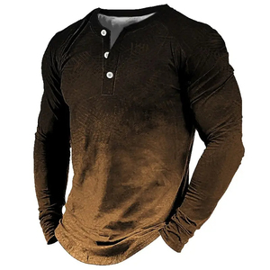 Camisetas Henley para hombre, ropa de calle Vintage, degradado, estampado 3D, botón de gran tamaño, manga larga, 100% algodón, nueva camiseta de moda, Top - Product Image 5