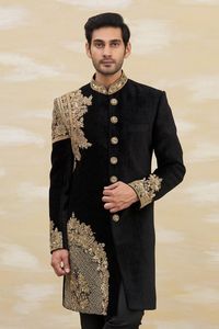 2023 Trendy Elegant Velvet Sherwani with Embroidery Plus Size Breathable <b>Pant</b> & Shoes for Party or Wedding - Product Image 2
