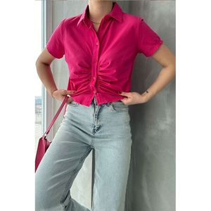 Blusa de Algodón con Fruncido Frontal Color Fucsia para Mujer, Marca TOPSHOW - Blusa Elegante e Informal de Manga Corta para Venta al Por Mayor - Product Image 1