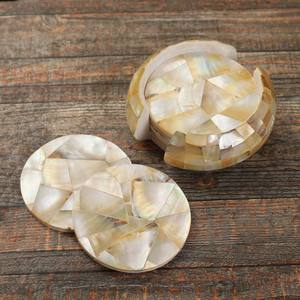 Posavasos Mother of Pearl con soporte, juego de posavasos de té de lujo Shiny Cream Seashell con soporte, logotipo de tamaño personalizado, madre redonda - Product Image 3