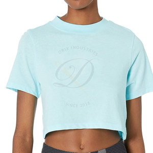 Top corto con logotipo personalizado para mujer, camisetas de fábrica al por mayor de algodón de manga corta con cuello de Color sólido, Camiseta corta para invierno - Product Image 1