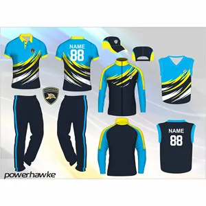 Set completo di uniformi da Cricket Powerhawke disponibile in diversi colori e Logo personalizzato degli ultimi disegni abbigliamento sportivo 2022