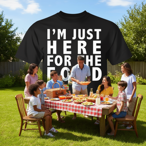 Camiseta promocional para reuniones familiares con la frase 'I'm Just Here For The Food' - Product Image 3