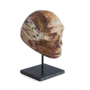 Handcrafted <b>wooden</b> human skull stand sculpture <b>rustic</b> teak carved gothic statue metal base table accent decor setup display unit - Product Image 1
