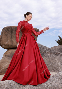 أنيق فستان زفاف رسمي أحمر طويل الأكمام لينة الساتان طول الكلمة مطرز مأدبة حفلة موسيقية فساتين السهرة - Product Image 2