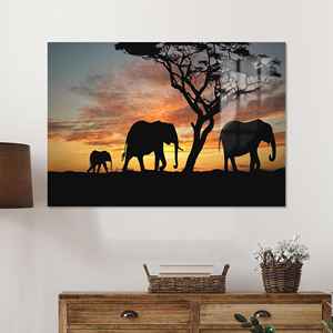 Impression sur toile de silhouette d'éléphant : Art paysager du coucher de soleil africain, Verre - Product Image 1