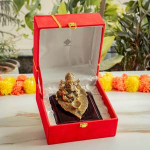 Ganesh Ji traditionnel fait main assis sur un plateau, finition laiton, avec boîte en velours rouge pour les célébrations de Diwali - Product Image 2
