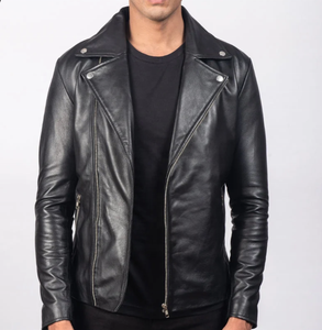 Veste moto en cuir véritable noir pour homme, coupe ajustée, col rabattu, fermeture éclair, longueur normale, vêtement d'automne - Product Image 1