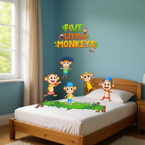 T-shirt promotionnel pour enfants, motif 'Cinq Petites Singes' (pièce de chant populaire), design adapté à l'âge avec des singes sauteurs sur le lit - Product Image 3