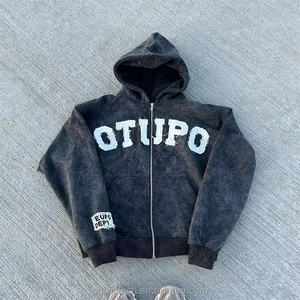 High Quality Custom <b>Black</b> Cotton French Terry Embroidery Patch Unisex Acid Wash Vintage <b>Zip</b> up Distressed Applique <b>Hoodies</b> Men - Product Image 2