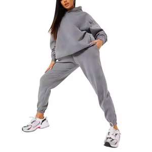 Vêtements de sport à épaules dénudées personnalisés, survêtement à capuche, pantalon de jogging, tricot de laine deux pièces uni, vente en gros - Product Image 3