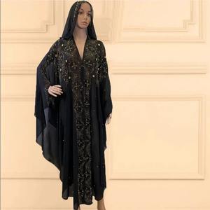 Muslim Woman Hooded Open Abaya Kaftan Chiffon Beading Women's Batwing <b>Sleeve</b> New Trends Turkey African Boubou Outfit Open Robe - Product Image 3