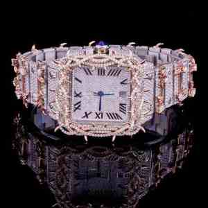 Montre mécanique élégante de luxe automatique en cuir et acier inoxydable HipHop personnalisée en or rose avec diamants VVS, verre analogique haut de gamme, nouvelle - Product Image 3