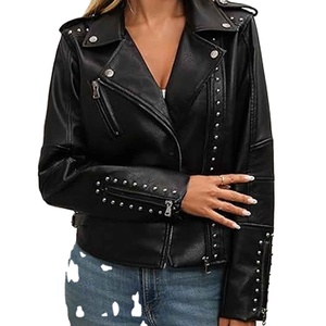 Womens Studded Leather <b>Jacket</b> <b>Punk</b> Biker Style Black PU Genuine Leather Motorcycle <b>Jacket</b> Custom Logo OEM Wholesale - Product Image 2