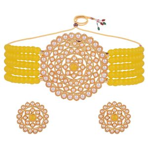 Indian Women's Multi-Layered Faux Pearl Beaded Choker Necklace Earring <b>Set</b> Yellow Gold Plated <b>Crystal</b> Jewellery for Weddings - Product Image 1