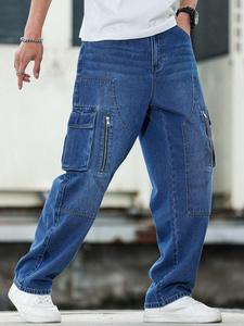 กางเกงยีนส์ขายาวแบบพับได้สำหรับผู้ชายกางเกงยีนส์ขากว้างมีกระเป๋าหลายช่องมีซิปกลางกลางเอว - Product Image 3