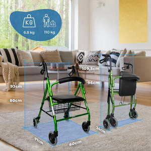 Mobiclinic Escorial Walker en aluminium pliable vert avec freins siège et dossier 4 roues pour personnes âgées et handicapées - Product Image 3