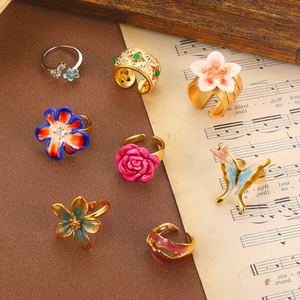 Anillo de Compromiso Ajustable de Plata de Ley con Perla de Agua Dulce y Esmalte Floral Vintage, Joyería Retro Colorida, Regalo para Ella - Product Image 1