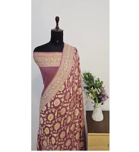 Sari de Georgette Khaddi Puro de Primera Calidad, Tejido Semiautomático Intrincado, Diseño Tradicional Elegante, para Fiestas, Venta al por Mayor para Mujeres - Product Image 1