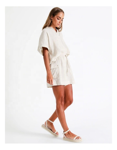 Women's Dresses 2025 <b>Linen</b> High Waist Shorts <b>Set</b> Short Sleeve Women Blouse Single Button Sexy Lace A-Line Silhouette Summer - Product Image 3