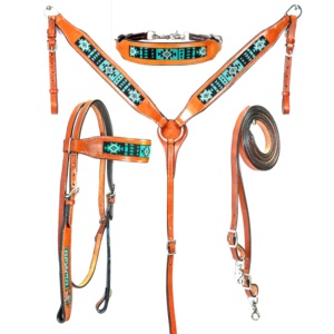 Ensemble de collier de poitrine de serre-tête de cheval en cuir de vachette équestre occidental en cuir de vachette marron usiné à la main pour équitation Cowboys - Product Image 3