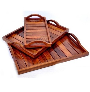 Plateau de service en bois brun naturel avec poignées en métal Grands plateaux en bois pour la décoration ensemble de plateaux ottomans - Product Image 4