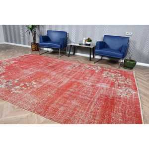 Vintage Turkish Rug 6.9x10 ft, <b>Red</b> Large Abstract <b>Wool</b> Rug - Product Image 3