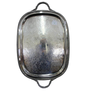 Plateau de service vintage en argent plaqué avec deux poignées, motif floral orné, plateau à thé et à café en métal pour hôtel, mariage - Product Image 6