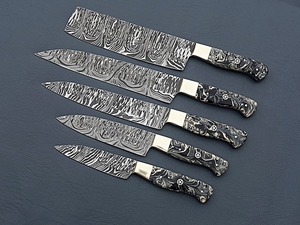 Juego de cuchillos de Chef, juego de cuchillos de cocina de 5 piezas, juego de Chef de hoja de acero de Damasco, hermoso juego de cocina, mango de resina con Funda de cuero - Product Image 4