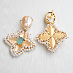 Export Brass Drop Earrings Bulk Pearl Genuine <b>Healing</b> <b>Crystal</b> Antique Brass Finish Hypoallergenic Safe Wear 14K Gold Plated - Product Image 6