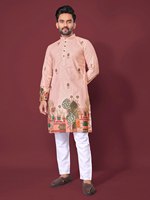 Kurta traditionnel pour homme, coupe ajustée et taille régulière, en tissu coton-rayonne, broderie sur les deux côtés, manches longues, motif, longueur genou, sans plis