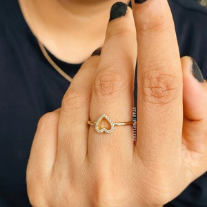 14K Solid <b>Gold</b> Natural Diamond <b>Dainty</b> Heart <b>Ring</b>. - Product Image 2